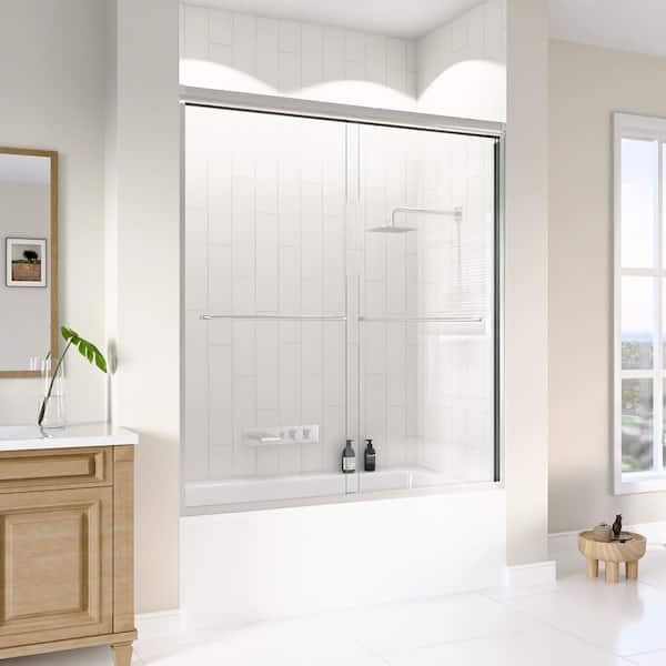 60 in. W x 62 in. H Double Sliding Framed Tub Door in Brushed Nickel with SGCC 5/16 in. (8 mm) Tempered Clear Glass