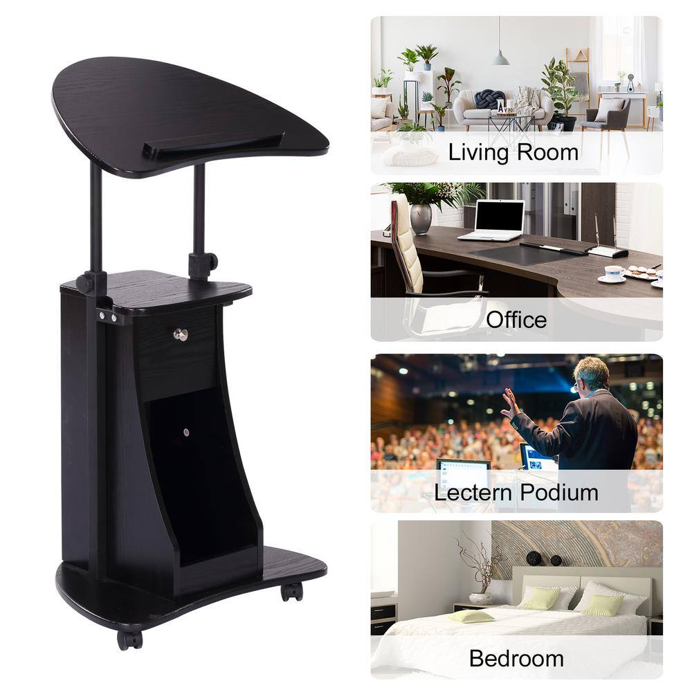 Black Adjustable Height Mobile Laptop Cart with Drawer