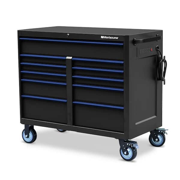 Montezuma 46 in. x 24 in. 11-Drawer Roller Cabinet Tool Chest with Power and USB Outlets in Black and Blue