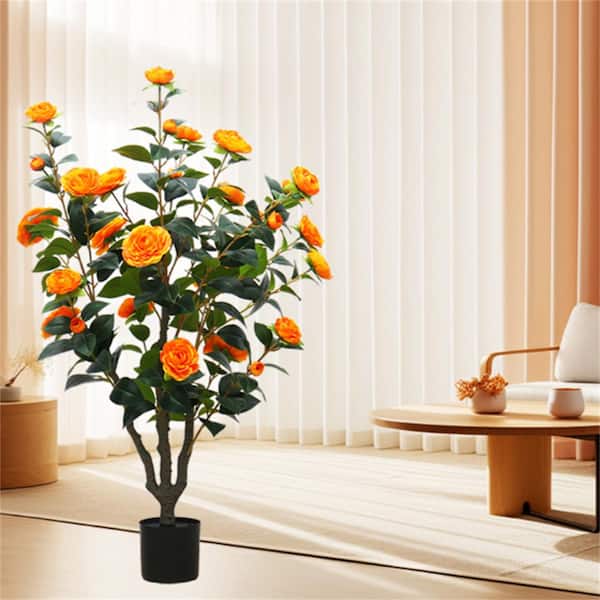 Garvee 1 Pack 3. 3FT Artificial Camellia Tree in Pot, Orange