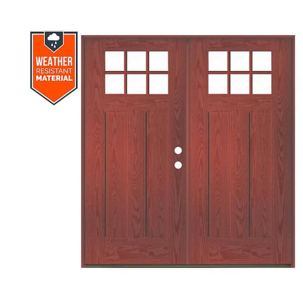 Krosswood Doors Craftsman 72 in. x 79 in. 6-Lite Left-Active/Inswing Clear Glass Redwood Stain Double Fiberglass Prehung Front Door