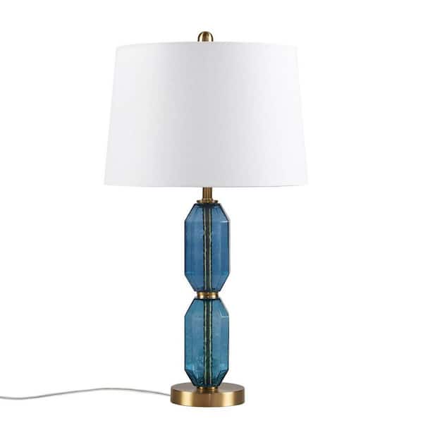Jushua 26.5 in. Faceted Blue Glass Table Lamp Blue See Below with White Fabric Shade