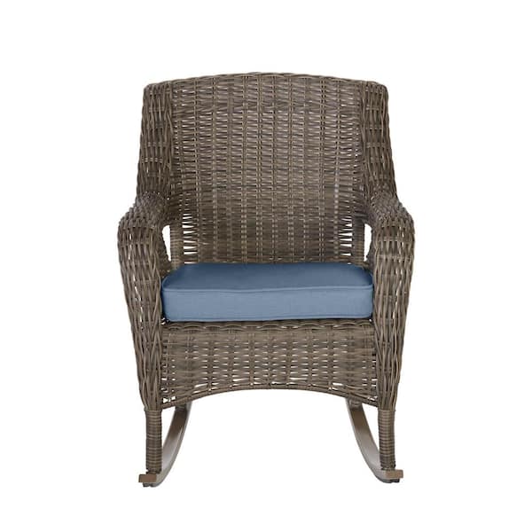 Hampton Bay Cambridge Gray Wicker Outdoor Patio Rocking Chair with Sunbrella Denim Blue Cushions