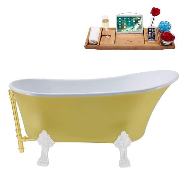 Streamline 55 in. Acrylic Clawfoot Non-Whirlpool Bathtub in Matte Yellow With Glossy White Clawfeet And Brushed Gold Drain