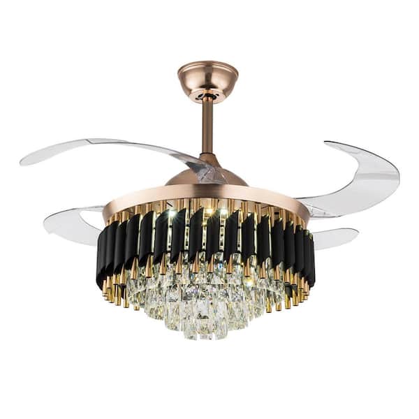 OUKANING 36 in. Indoor Gold Modern Crystal Retractable & Reversible 6-Speed Ceiling Fan with 3-Color Integrated LED and Remote