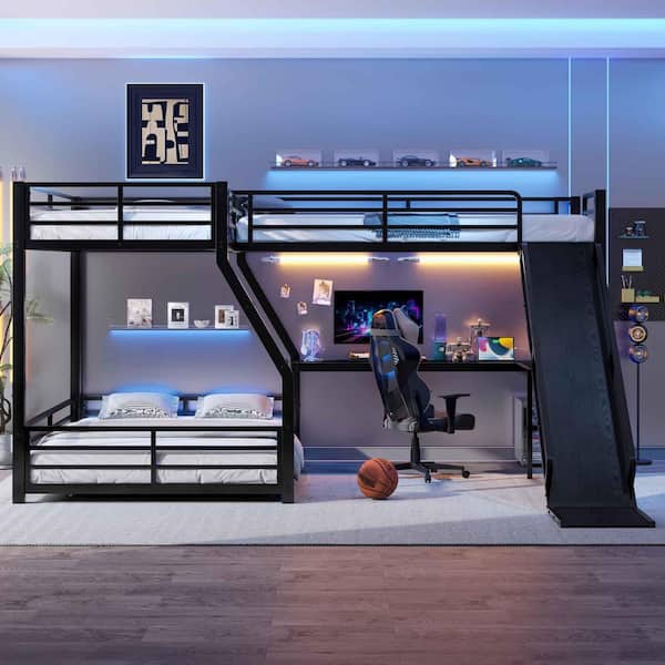 Black Twin Over Full Bunk Bed with Twin Size Loft Bed, Slide and USB Ports