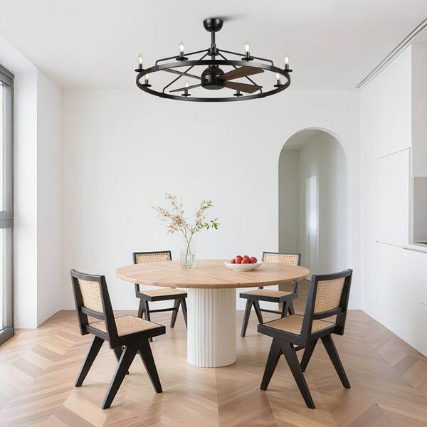 42 in. Farmhouse Matte Black Wagon Wheel Downrod Mount Fandelier Ceiling Fan with Lights and Remote Control