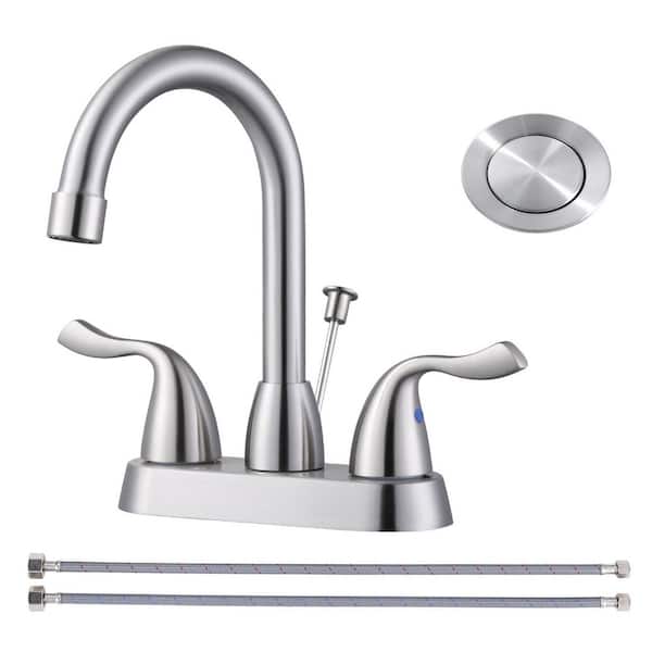 Modern Double Handle 4 in. Centerset Bathroom Faucet with Lift Rod Drain Assembly in Brushed Nickel