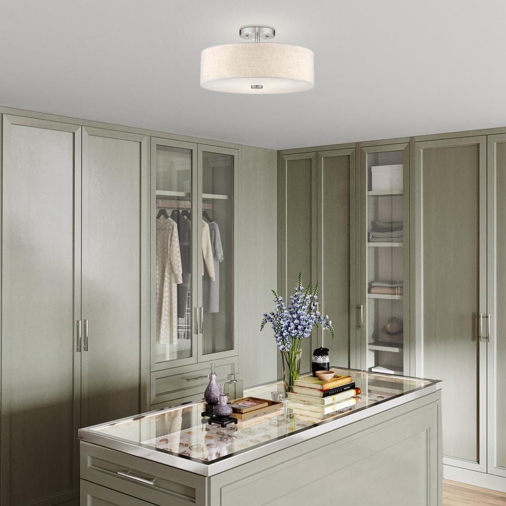 Meridian Brushed Nickel 3-Light Drum Ceiling Fixture with Oatmeal Shade