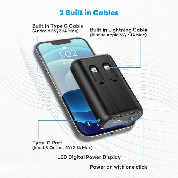 12000mAh Small Power Bank,Mini Portable Charger Built in 4 Cables,USB C  Input/Output with Smart LED Display,External Battery Portable Charger Power
