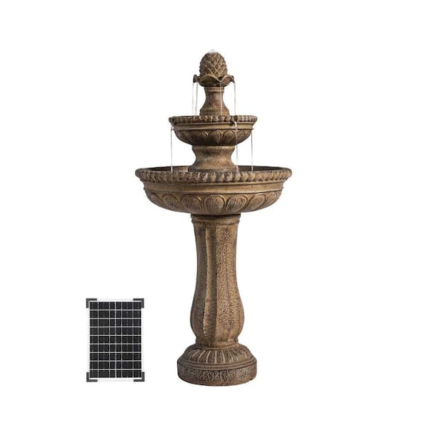 39" Solar Water Fountain, 2-Tier, Outdoor, Sand Stone Resin, With Solar Panel & Solar Pump for Home Garden Yard Decor