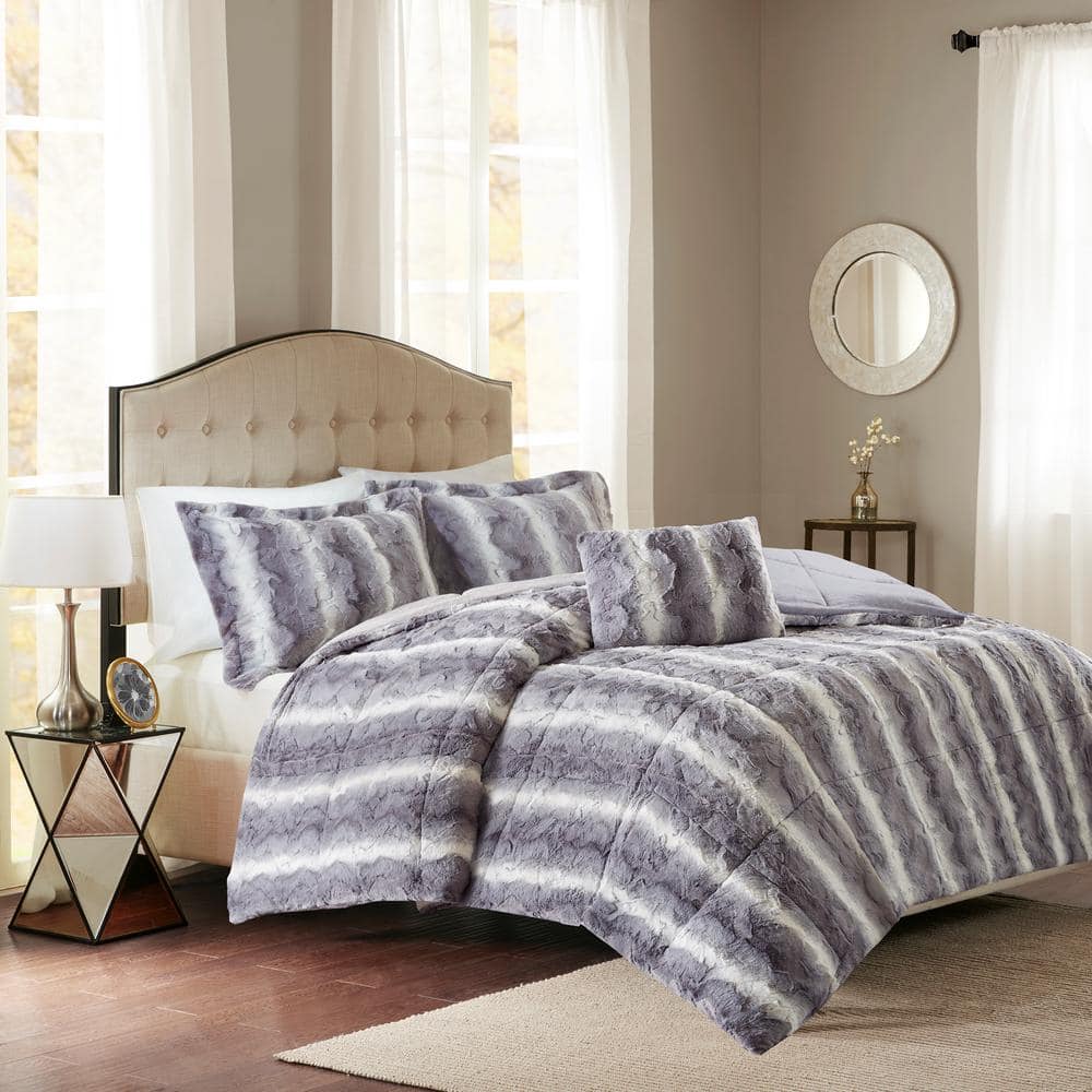 Marselle 4-Piece Grey Animal Print Faux Fur Polyester Full/Queen Comforter Set price history on PriceWatchPro