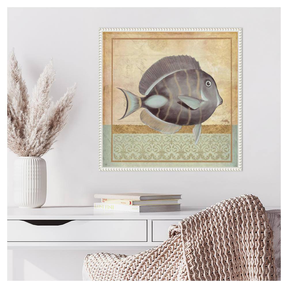 Vintage Fish II Coastal Canvas Wall Art with White Frame