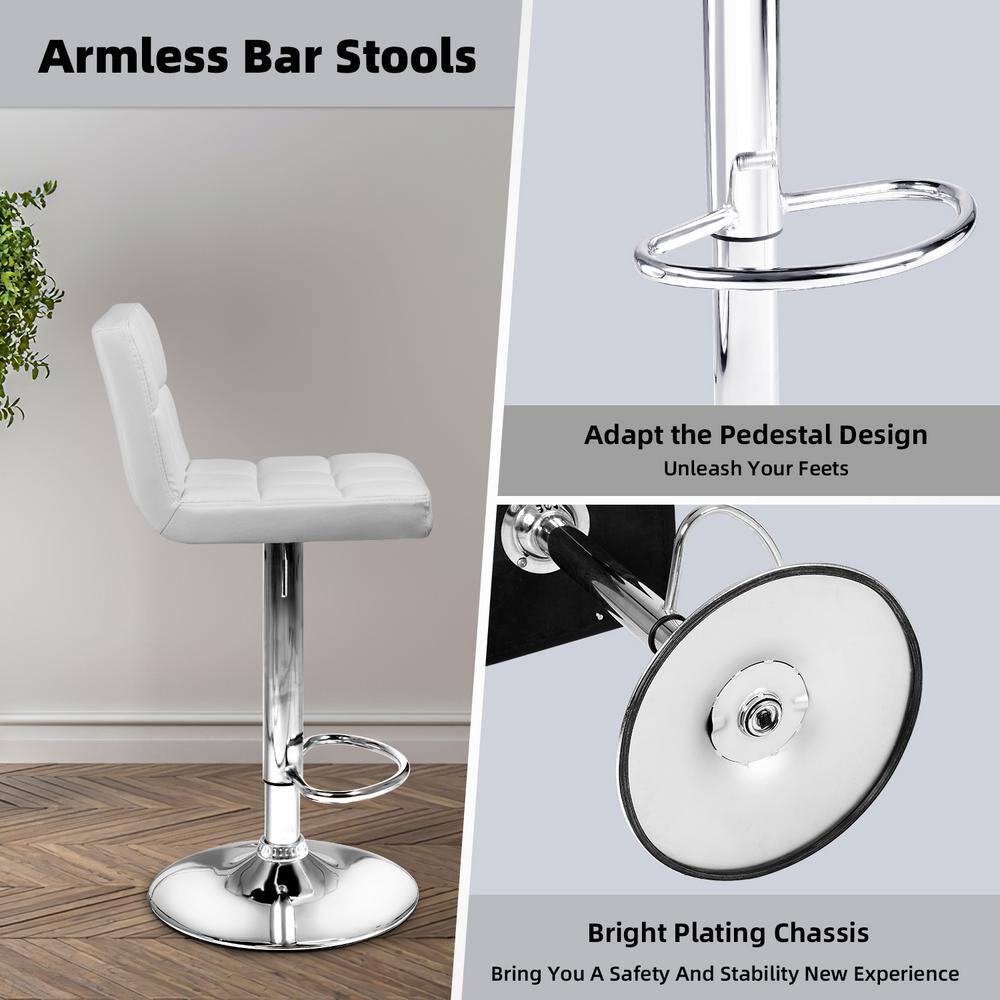 White Adjustable Metal Bar Stool Set with Faux Leather and Swivel