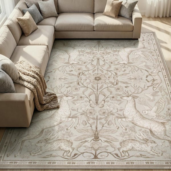Modern Woodland Animal Deer Botanical Washable Non Slip Beige 8 ft. x 10 ft. Living Room Bedroom Kids Room Area Rug