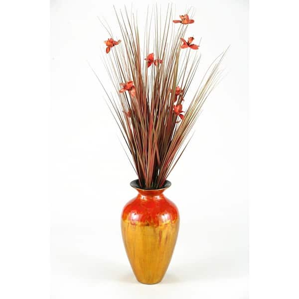 D&W Silks Artificial Indoor Brown Ting with Burgundy Blossoms in Burnt Copper Spun Bamboo Vase