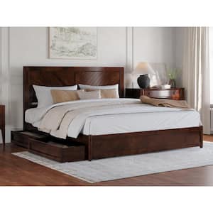 Clayton Walnut Brown Solid Wood Frame King Platform Bed with Panel Footboard and Storage Drawers
