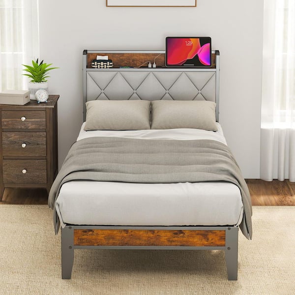 WONDER COMFORT Light Gray Metal Frame Twin Platform Bed with Charging Station and Storage Headboard, No Box Spring Needed