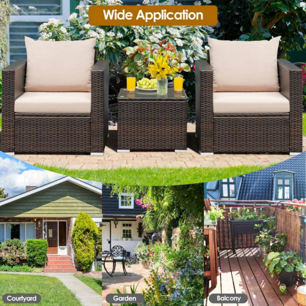 Beige 3-Piece Rattan Patio Conversation Set with Cushions