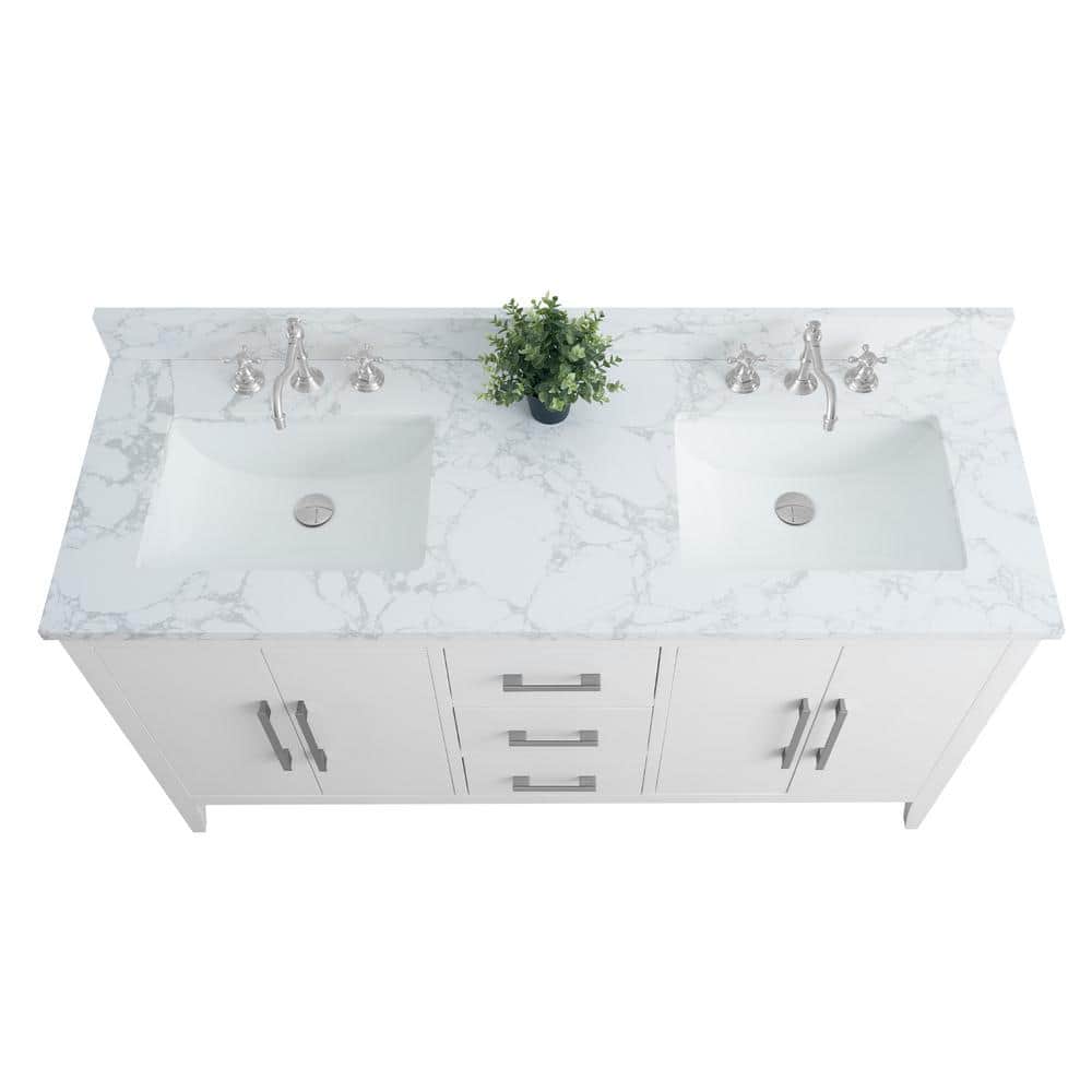 60" White Double Sink Bathroom Vanity with Marble Top