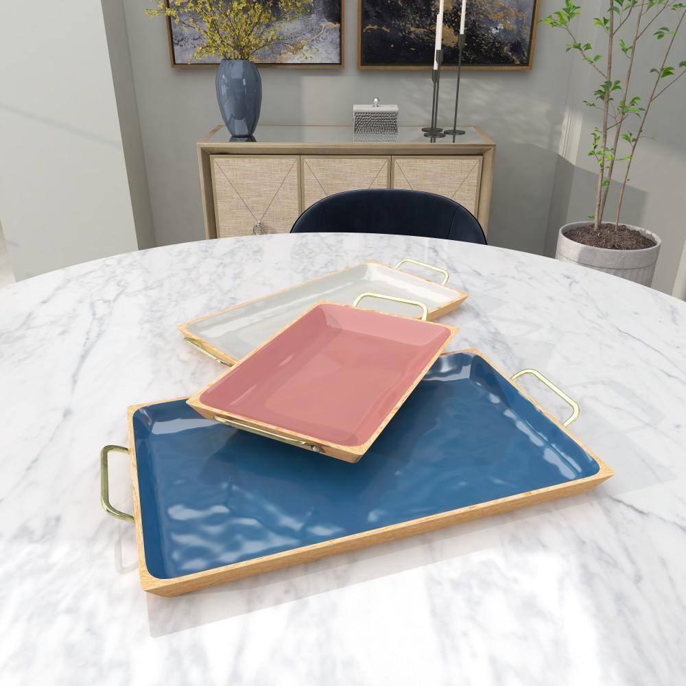 Multi Colored Enamel and Mango Wood Rectangular Tray Set