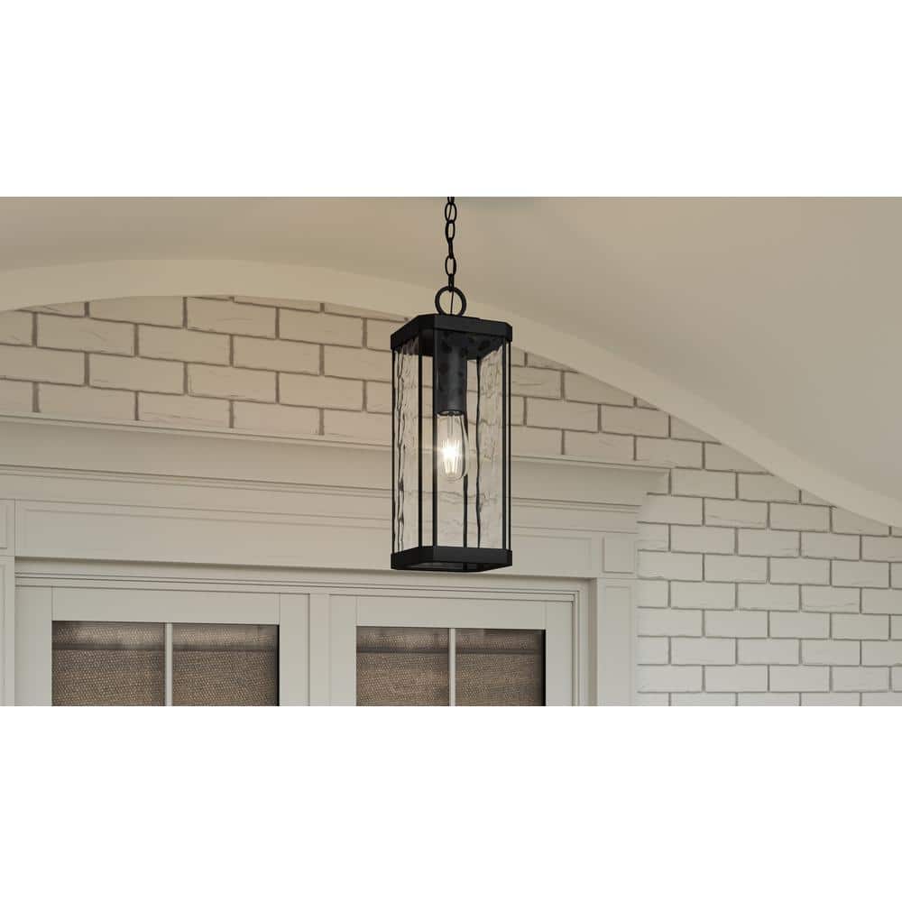 Balchier Matte Black Outdoor Hanging Lantern with Clear Hammered Glass
