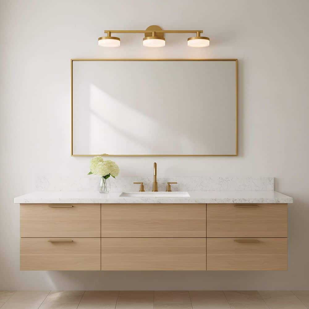 Khan 24 in. 3-Light Burnished Brass Integrated LED Bathroom Bedroom Wall Vanity Light with Silk White Glass Shades price history on PriceWatchPro