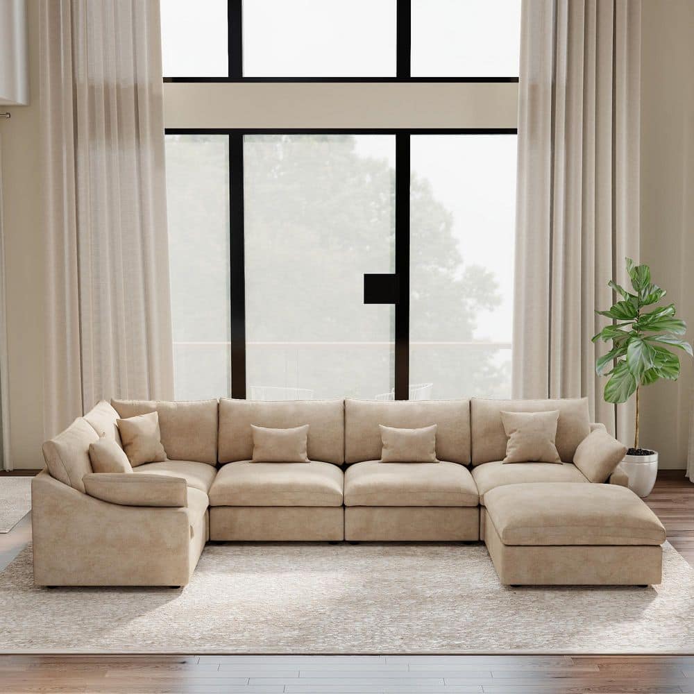 155.9 in. Square Arm Linen Modular Sectional Sofa with Ottoman, Living Room Couch in Brown 6-Piece