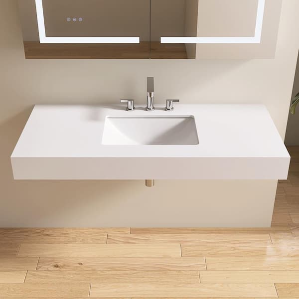 MEDUNJESS Engineered Stone Limestone Plate Wall-Mounted Bathroom Vessel Sink (49 in. W x 22 in. D)