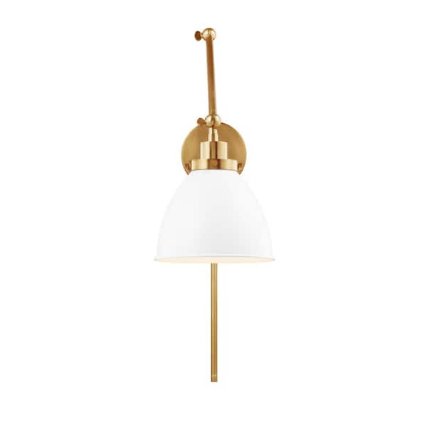 Generation Lighting - Wellfleet 7.25 in. W 1-Light Matte White/Burnished Brass Double Arm Dome Task Wall Sconce with Steel Shade