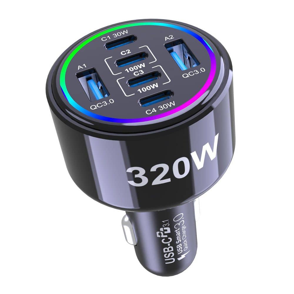 320W USB C Car Charger Adapter Accessory in Black 1 Piece Super Fast Charging 6 Ports for iPhone MacBook price history on PriceWatchPro