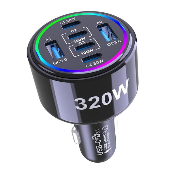 320W USB C Car Charger Adapter Accessory in Black 1 Piece Super Fast Charging 6 Ports for iPhone MacBook