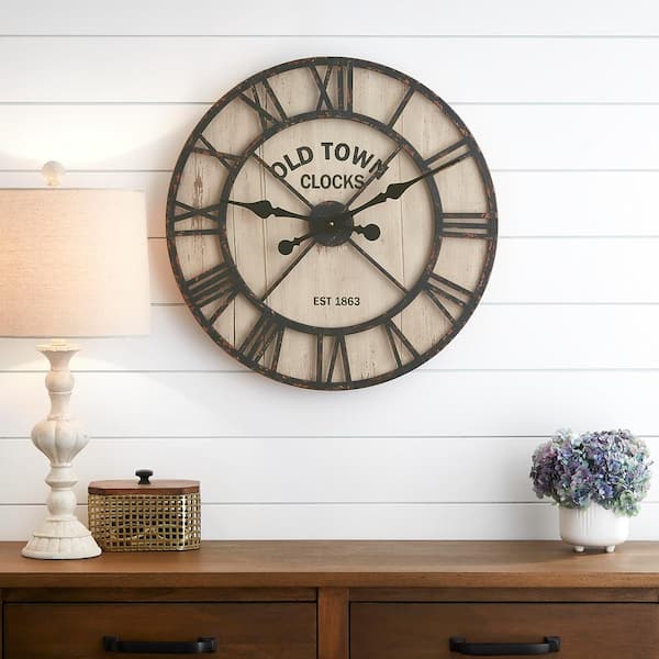 Home Decorators Collection Rustic Black Metal and Natural Shiplap Decorative Wall Clock (23 in.)