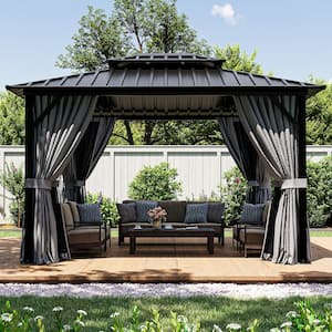 12 ft. W x 10 ft. D Black Aluminum Double Roof Hardtop Gazebo with Ceiling Hook, Curtains and Netting