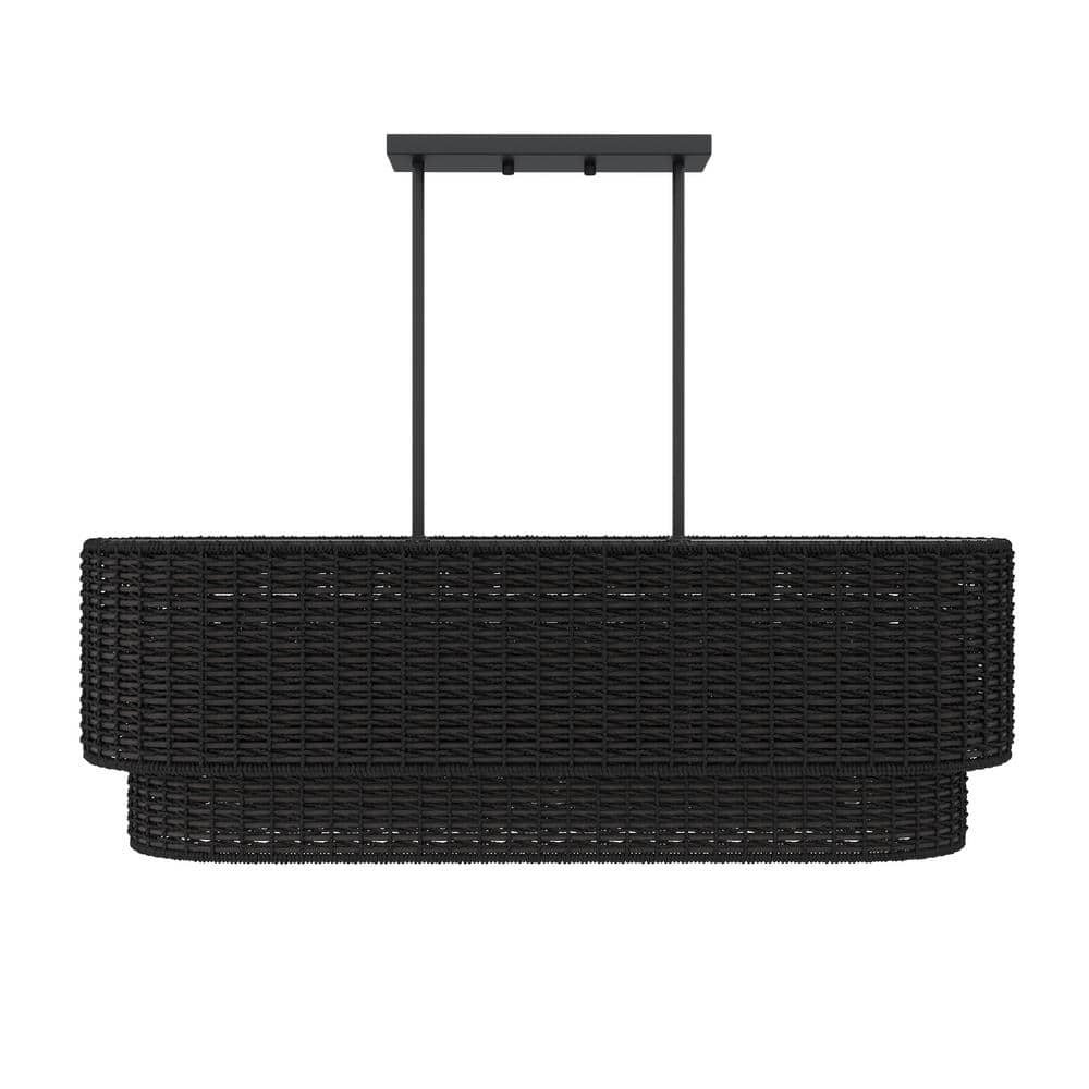 Farmhouse 35.03 in. 3-Light Black Hand-Woven Rattan Chandelier Vintage Boho