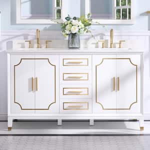 60 in. x 22 in. Solid Wood Bath Vanity in White, Carrara White Qz. Top with Double Sinks, Soft-Close Door, Drawer