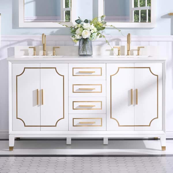 ANGELES HOME 60 in. W x 22 in. D x 35 in. H Solid Wood Bathroom Vanity in White with Gold Trim, Quartz Top with Double Sink