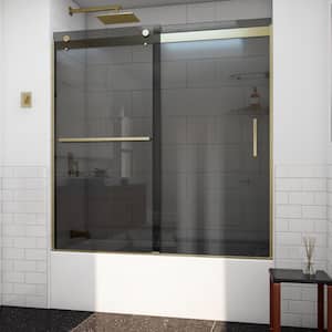 Sapphire-V 60 in. W x 62 in. H Sliding Semi-Frameless Bypass Tub Door in Brushed Gold with Gray Glass