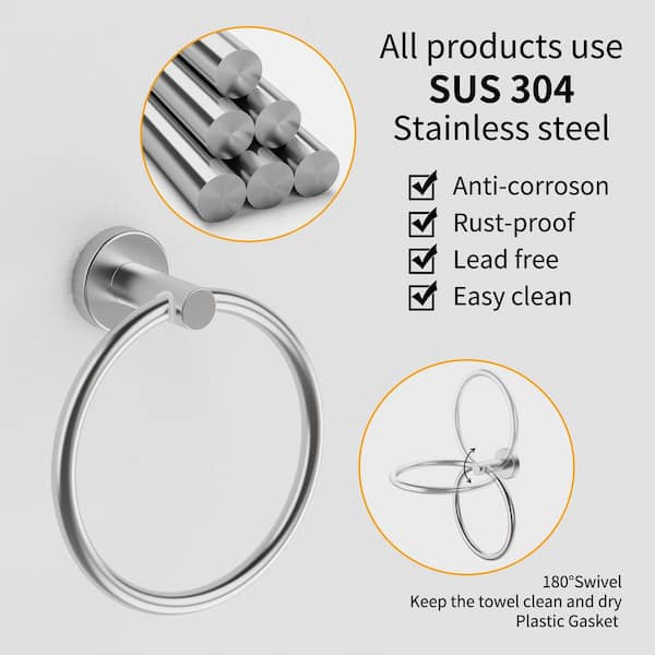 7-Piece Round Bath Hardware Set with Towel Bar, Toilet Paper Holder, Towel Ring and Towel Hooks in Brushed Nickel