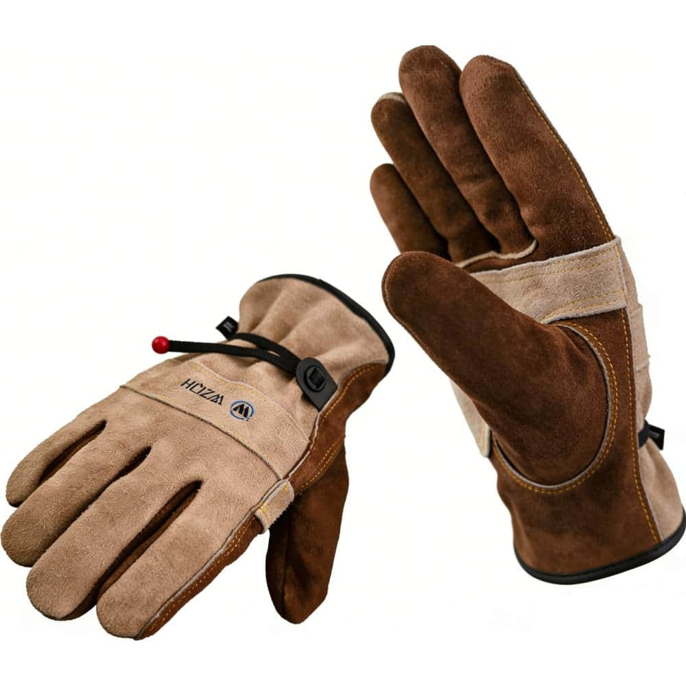 Primehome Coffee Grey Large Leather Work Gloves Cowhide Cotton