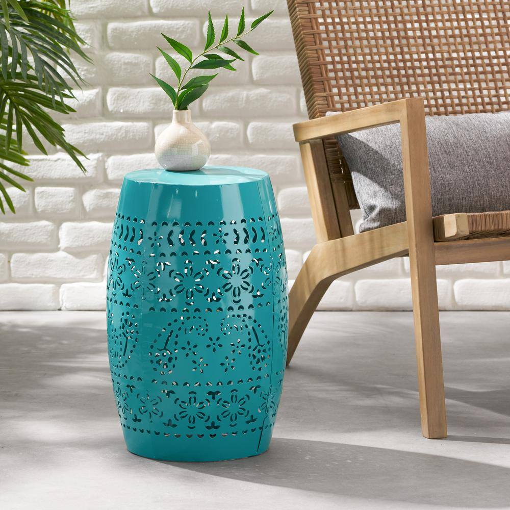 Teal 12" Iron Lace-Cut Outdoor Side Table