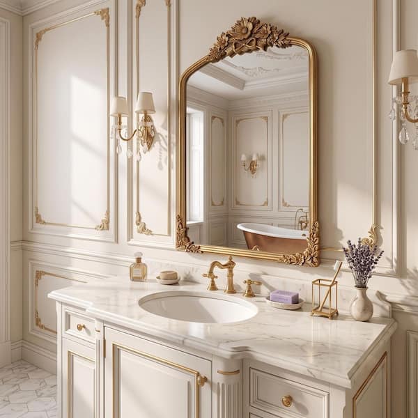 23.5 in. W x 35.5 in. H Arched Baroque Iron Framed Wall Mounted Bathroom Vanity Mirror in Antique Gold