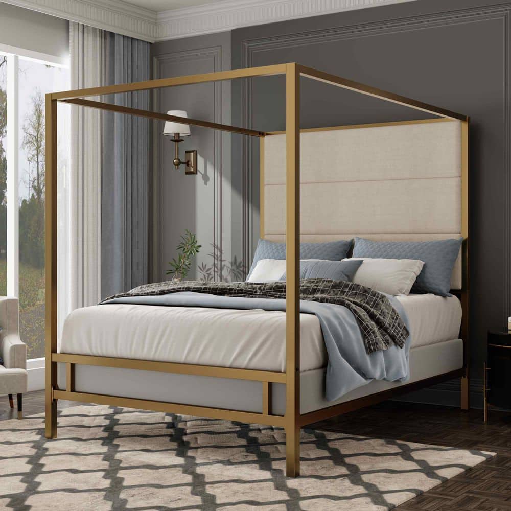 Polibi Gold/Tan Wood Frame Queen Canopy Bed with Tall Linen