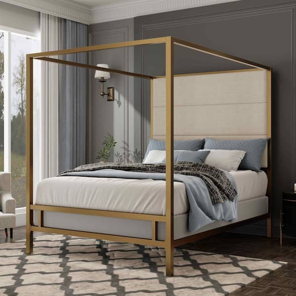 Gold/Tan Wood Frame Queen Canopy Bed with Tall Linen Upholstered Headboard, Metal 4-Poster Bed Frame