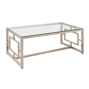 48 in. Nickel/Clear Large Rectangle Glass Coffee Table with Geometric Motif