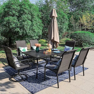 Black 7-Piece Patio Outdoor Dining Set with Rectangle Slat Table and Rattan Swivel Chair