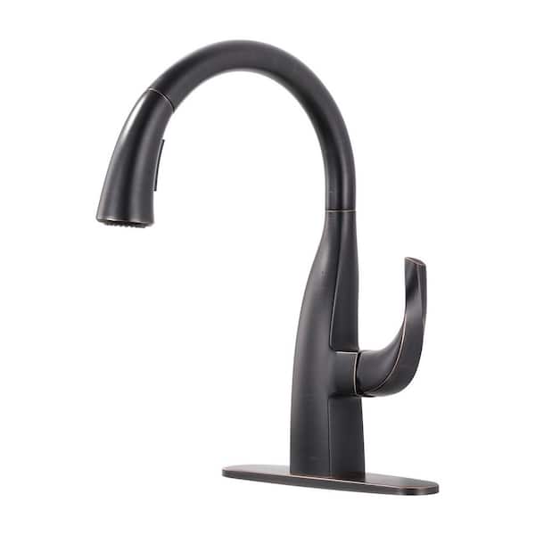 VEVETTA 16 in. Single Handle Gooseneck 360° Swivel Pull-down Sprayer Kitchen Faucet with Deck Plate in Oil Rubbed Bronze