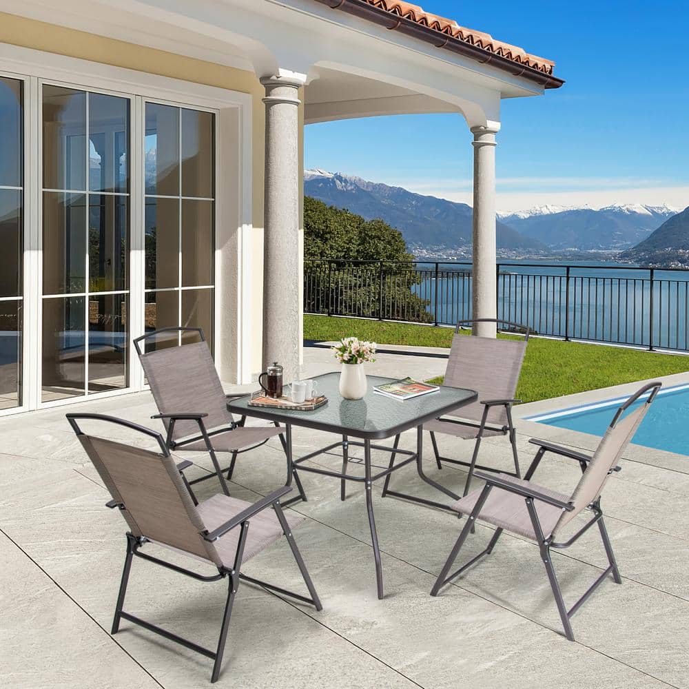 5-Piece Metal Outdoor Dining Set Glass Top Dining Table w/1.69 in. Umbrella Hole 4-Folding Beige Dining Chairs for Patio price history on PriceWatchPro