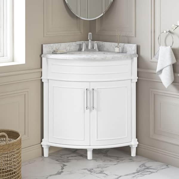 Aberdeen 32 in. Single Sink Corner White Bath Vanity with Carrara Marble Top (Assembled)