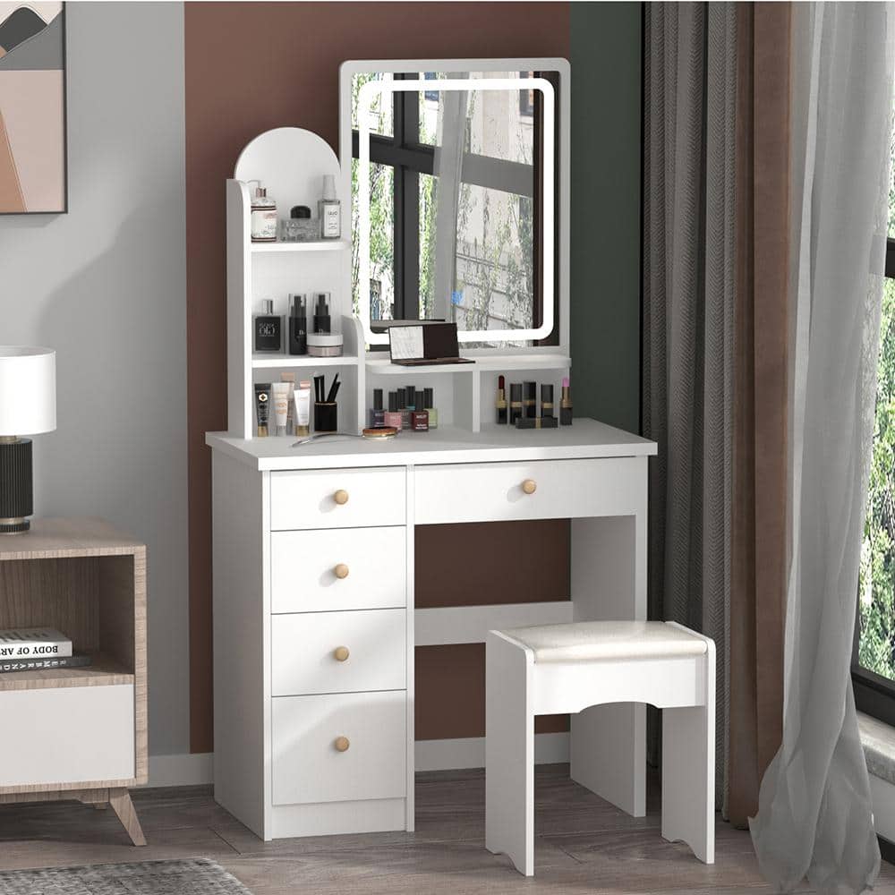 FUFU&GAGA 5-Drawers White Makeup Vanity Sets Dressing Table Sets With Stool, Mirror, LED Light and 3-Tier Storage Shelves KF210106-03 - The Home Depot